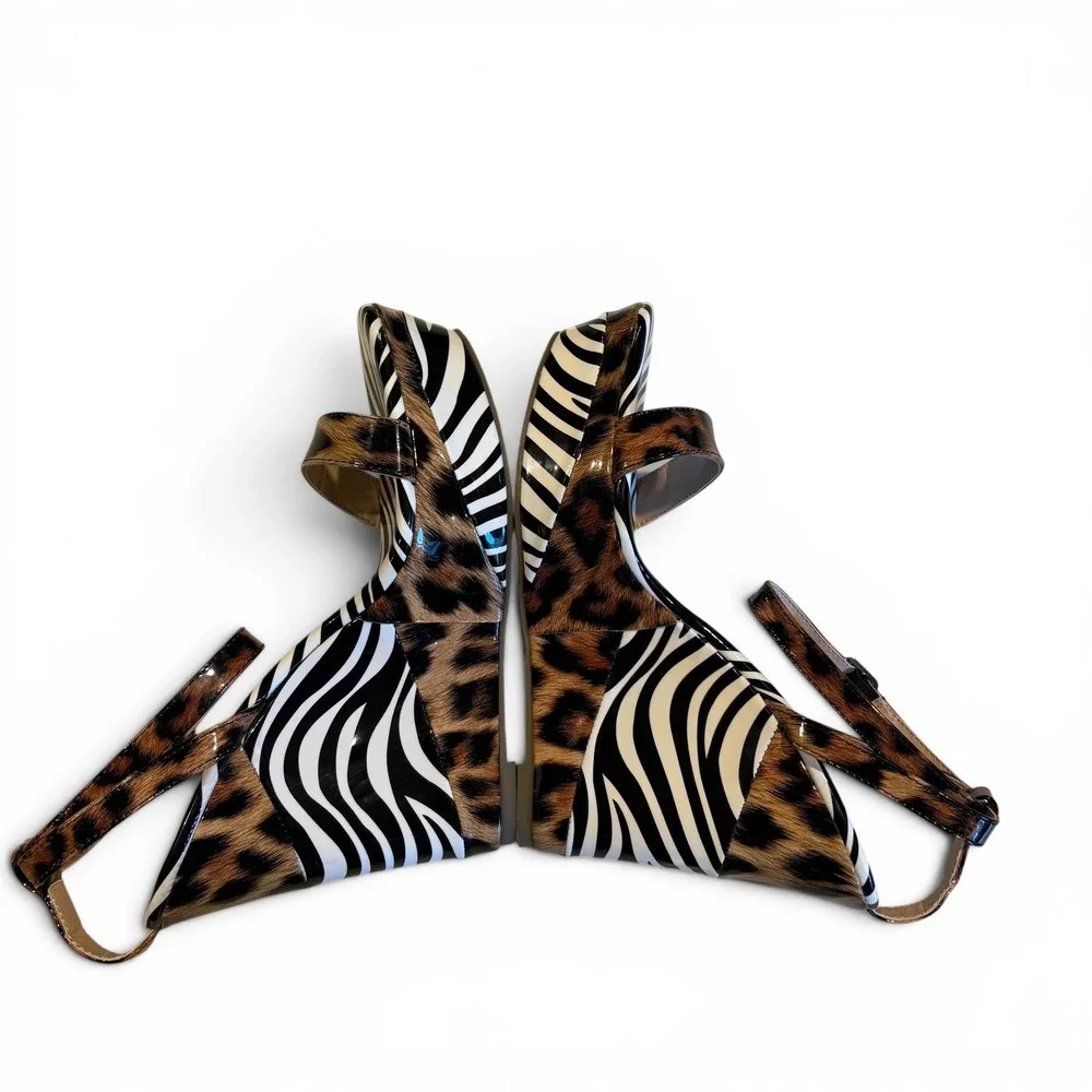 Azalea Wang Womens Leopard Zebra Print Platform Wedge Sandals Mixed Animal 8.5